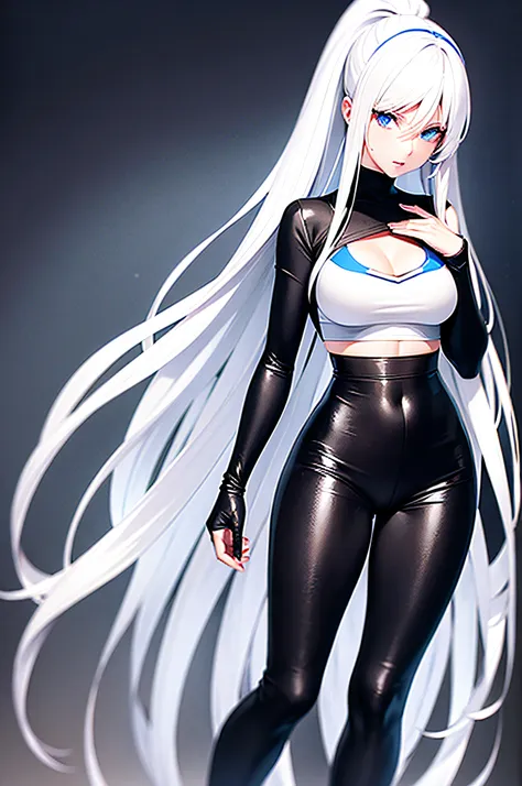 sexy woman, long straight white hair, extremely white skin, black and blue eyes, blue fur jacket over white t shirt, medium ches...