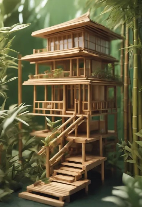 Isometric, simple and cute 3D concept illustrations of bamboo houses, bamboo leaves, bamboo forests, glass stairs, Eastern style, bamboo wood, green and off white, using Kawaii aesthetic style, 3D miniature models, minimalist