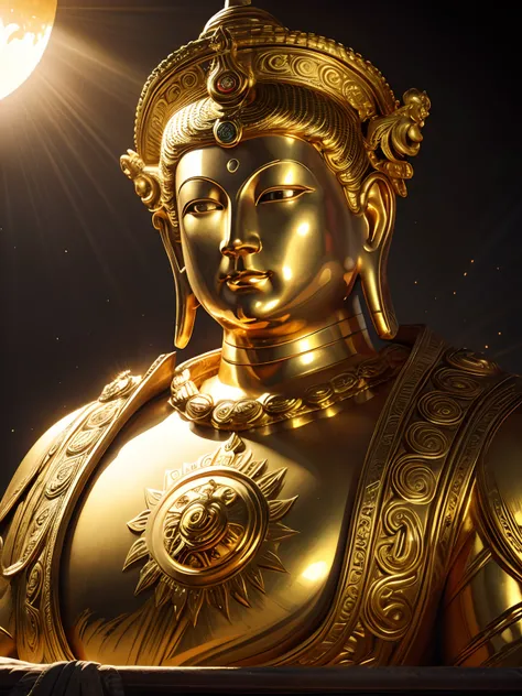 Highly detailed portrait of a huge golden Buddha with the halo of the sun god，golden colored，unreal-engine，The Art of Mark Leyden，Lost fish，Earl Nolen，globalillumination，God Ray，detailed and complex environment，Elden ring style