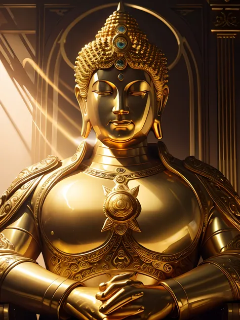 A highly detailed portrait of a huge golden Buddha with the halo of the sun god，golden colored，unreal-engine，The Art of Mark Leyden，Lost fish，Earl Nolen，globalillumination，God Ray，detailed and complex environment，Elden Ring style