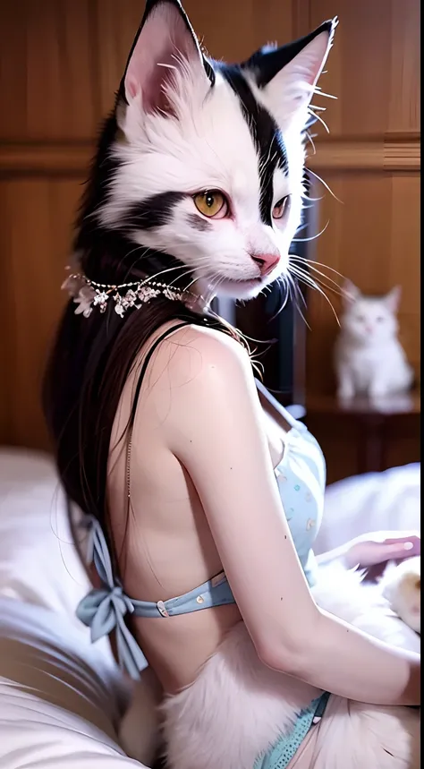 Beautiful woman,morden style， top-quality，Top looks，tmasterpiece，The white cat cultivates into a cat demon，Back to modern times，Cat demon makeup，White cat ears，The ears are white，Flirtatious，Realistic art, movie picture quality，Chinese super cute little fa...