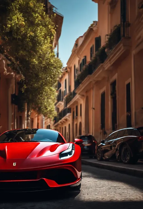 (Best quality, 8k, Master part :1.2), hyper realistic, ville de Monaco, sur une montagne, a detailed red Ferrari 488,