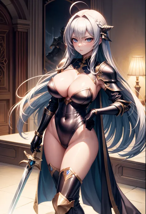 Woman knight、a beauty girl、huge tit、Excellent style、Nice Buddy、glamorous、leotard、s Armor、Bra chest armor、knee boots、gauntlets、silber hair、Longhaire、Ahoge、、is standing、full body seen 、Possesses a sword、Contains a sword