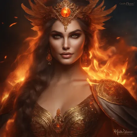 This is a realistic fantasy artwork prominently featuring realistic fire, including wisps of flames, glowing hot embers, subtle curls of smoke, and a beautiful fire druid. The druid stands in the midst of a raging inferno with an interesting composition. H...