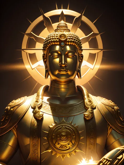 A highly detailed portrait of a huge golden Buddha with the halo of the sun god，golden colored，unreal-engine，The Art of Mark Leyden，Lost fish，Earl Nolen，globalillumination，God Ray，detailed and complex environment，Elden Ring style