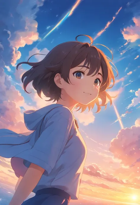 masterpiece, best quality, movie still, 1girl, cloud girl, floating in the sky, close-up, bright, happy, warm soft lighting, sunset, (sparks:0.7)