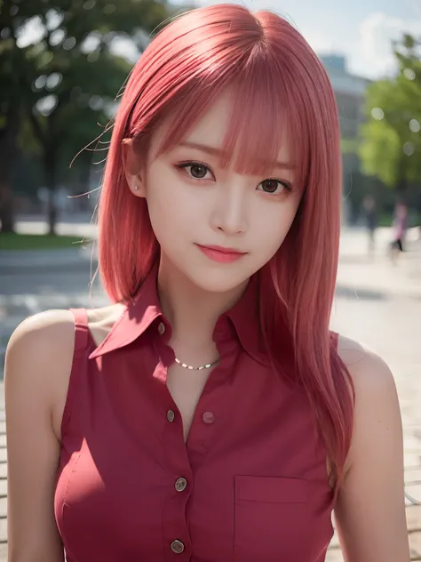 best quality, realistic, ultra high res, (photorealistic1.4), red eyes, red hair, smile, sleeveless red button shirt, 1girl, solo, glowing eyes, night, in the park, ((puffy eyes)), (((looking at viewer))), ((closeup)),