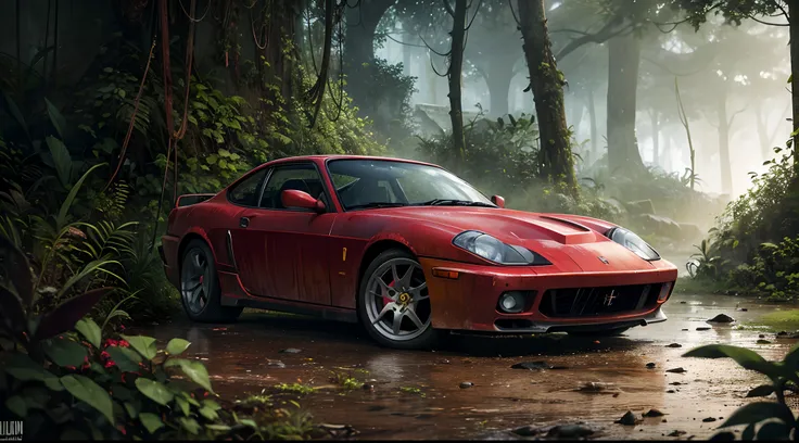 a rusty old red Ferrari  car in jungle, rainy day, harsh light,  rusted car parts scattered on the ground, a chain, a gun, a dark and oppressive atmosphere, and a dramatic ambient light. spot  warm light on car , dark plants dark plants surrounding car, ci...