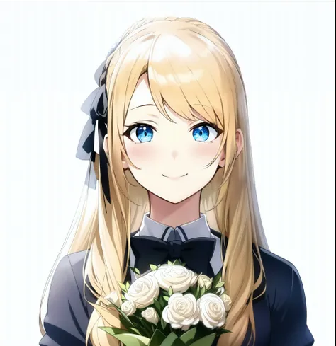 a woman with long blonde hair holding a bouquet of flowers, blonde anime girl with long hair, cute anime girl portraits, anime visual of a cute girl, beautiful anime high school girl, extremely cute anime girl face, cute anime girl portrait, pretty anime g...