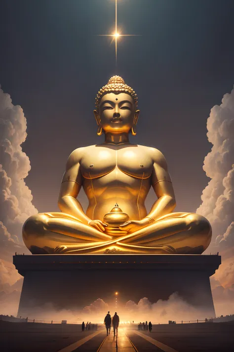 A huge golden Buddha statue rushed into the clouds，Pilgrims on the road，Light smile,China-style，In the distance, surrealism, stereograms, tachi-e, Atmospheric perspective, hyper photorealism, Cinematic lighting, god light, Super detail, ccurate, Best quali...