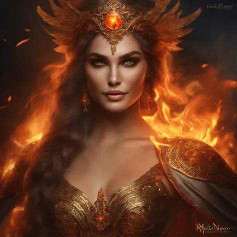 This is a realistic fantasy artwork prominently featuring realistic fire, including wisps of flames, glowing hot embers, subtle curls of smoke, and a beautiful fire druid. The druid stands in the midst of a raging inferno with an interesting composition. H...