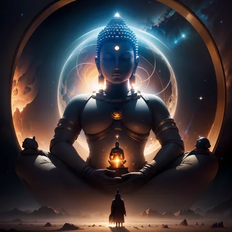 Interstellar，Endless space，The huge Maitreya Buddha statue rushed towards the huge space-time tunnel，ssee-through，depth of fields，((Masterpiece))，(Best quality))，Magnificent space image scene，surrealism, Super detail, ccurate, Best quality, hyper HD, Maste...