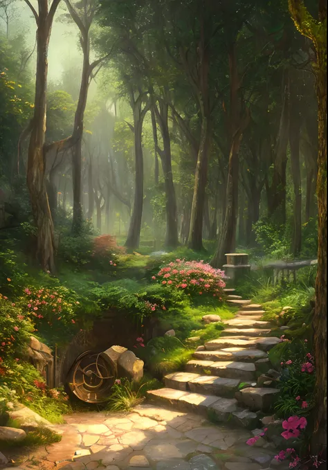 masterpiece, best quality, high quality, extremely detailed 8k wallpaper of CG unit, a charming and dreamy scene of a fantasy forest, with tall trees, dug hole, hidden fairy valleys, creating a sense of mystique and enchantment, artistic station, intricate...