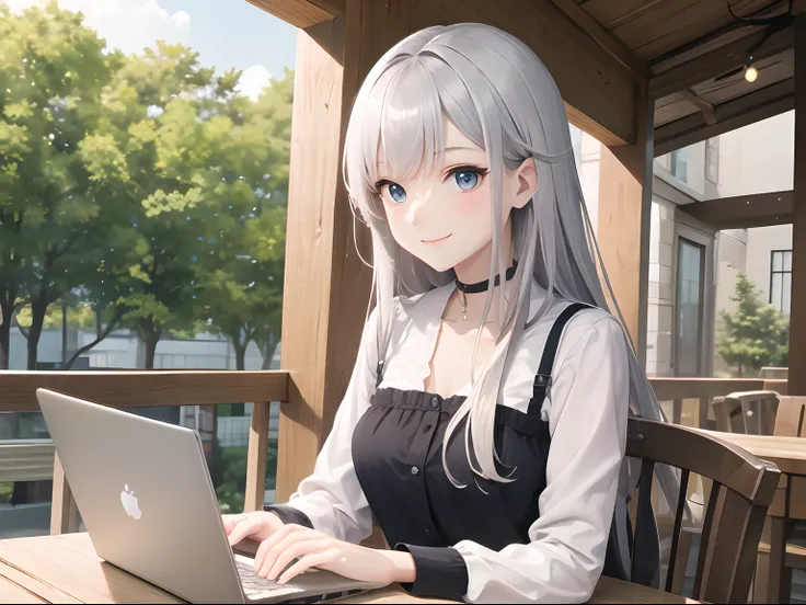 Open Cafe、outside of house、Adult woman in anime using laptop、25-years old、Upper body, mid-shot, femele, Detailed eyes,Semi-long hair, Silvery head hair, Bangs,、frontage、 Smiling smile、