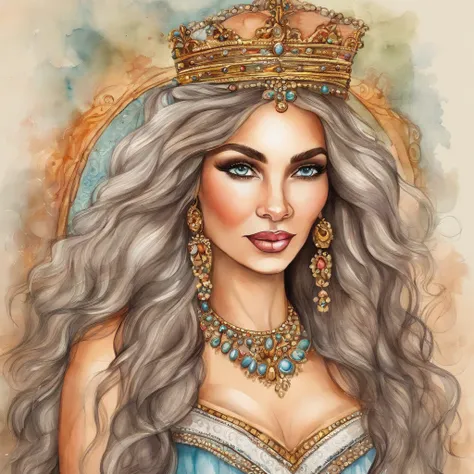 cute and adorable QUEEN ESTHER, LONG HAIR, BEAUTIFUL WOMAN,  CARTOON STYLE,