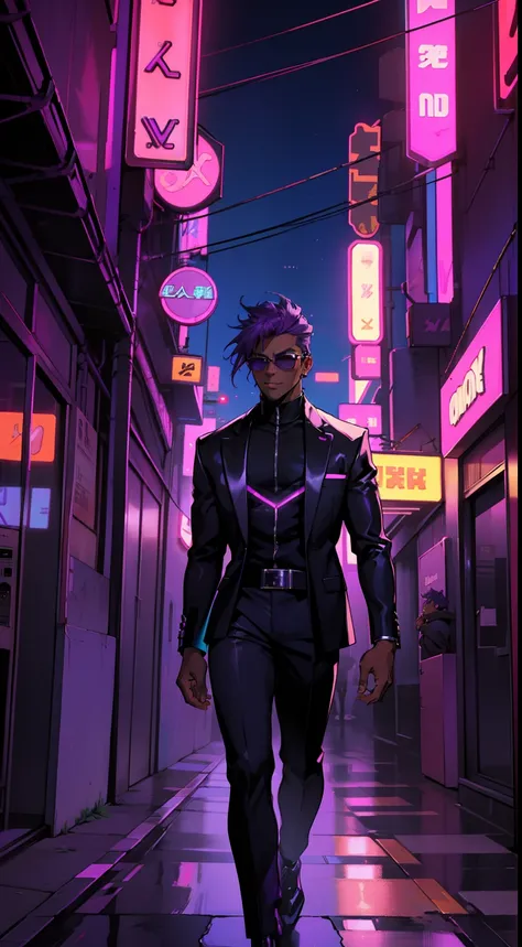 Dark skin man, abstract purple hair, male, anime style, 4k image, looking up, epic, cinematic, ground level shot, hot, neon signs synthwave city background, wearing golden frame synthwave sunglasses, wearing shiny glowing black tuxedo outfit, insanely deta...