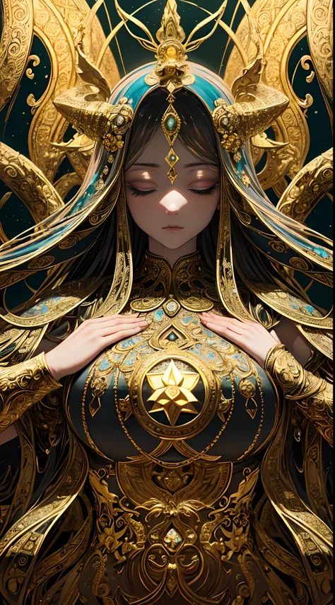 giant Golden Buddha statue,upper body,Aerial view,Concept art,colorful,beautiful and delicate eyes, beautiful and delicate face, silver long hair, Heteropupil, Nyaruko,Nyarlathotep,huge chest, highly quality, highly resolution, highly definition, intricate...