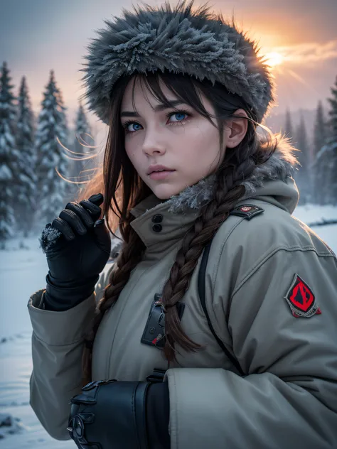 (best quality,4K),(Best details),(ultra realistic),Kaisa,russian soldier,winter,snow storm,russian hat,sunglasses,beautiful,soldiers salute,looking at viewer,winter war,war-torn city,destroyed buildings,frost-covered trees,smoke and fog,muddy ground,fallen...