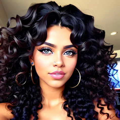 Brown woman
Curly hair
Large eyelashes
Blue eyes
Fleshy lips 
Big hair