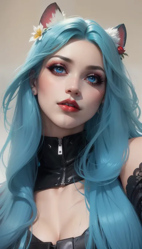 Olhos vermelhos detalhados, detailed red lips, pele lisa, goth makeup, cabelo azul