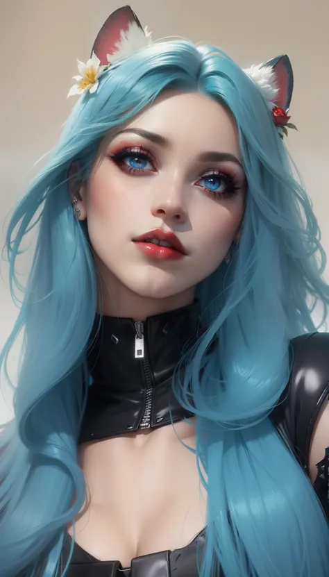 Olhos vermelhos detalhados, detailed red lips, pele lisa, goth makeup, cabelo azul