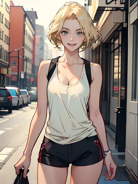 Young woman 20 years old: 1.3, Short light blonde hair: 1.2, Tall: 1.2, Occupation: 1.2, Daytime: 1.2, On the street: 1.2, film lighting, Best quality, 8k,black tank top, cleavage shirt, short black mini shorts, small boobs ((Anime traits)) Korean girl, se...