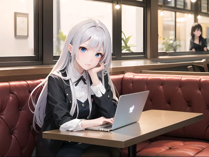 fashionable cafe、Adult woman in anime using laptop、25-years old、Upper body, mid-shot, femele, Detailed eyes,Semi-long hair, Silvery head hair, Bangs,、frontage、 Troubled face、Cheek cane、pouty