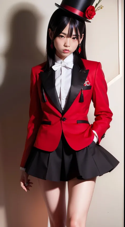 spear、Black hair with red、Vest under blazer、Small top hat and floral ornament to the right of the head、Bone wings on the back、lowfers、knee sox、Hot pants inside the skirt