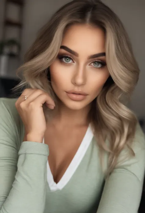 Arafed Mujer con una camiseta blanca sin mangas y un collar, Chica sexy con ojos verdes, Retrato Sophie Mudd, brown hair and large eyes, selfie de una mujer joven, Ojos del dormitorio, Violeta Myers, sin maquillaje, Maquillaje natural, staring directly int...