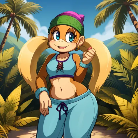 masterpiece, best quality, high resolution, full body, perfect body, perfect face, great detail, depth of field, tinykong, anthropomorphic, blonde hair, twin tails, baggy pants, monkey, crop top, light brown fur, beanie, anthro monkey, solo, 1girl, jungle ...