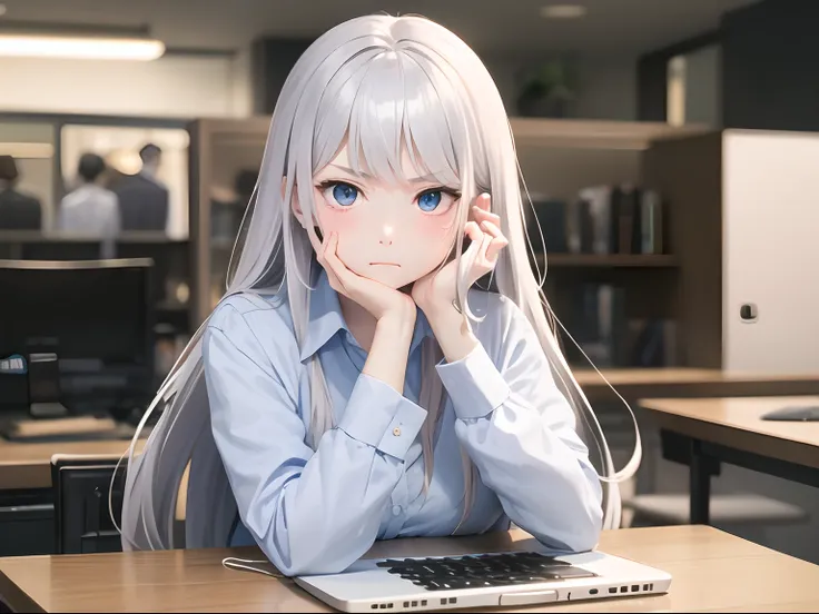 s Office、Adult woman in anime using laptop、25-years old、Upper body, mid-shot, femele, Detailed eyes,Semi-long hair, Silvery head hair, Bangs,、frontage、 Troubled face、Cheek cane、pouty、Dark blue business suit、White collared shirt