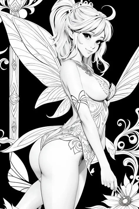 A printable black and white adult coloring page featuring a sexy fairy, clean line art, nsfw, limited shading, white background