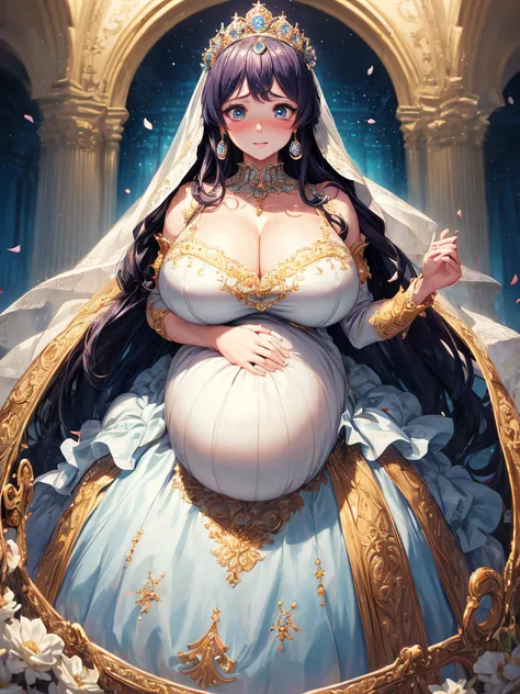 (masterpiece, best quality,extremely detailed:1.1),(moe anime art style:1.2),1girl,((full body,focus face)),((solo)), cute, kawaii,digital art,((1 bling-bling pregnant princess wearing beautiful embroidery and jeweled gorgeous princess rococo ballgown with...