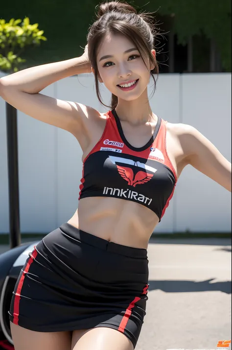 (((one shoulder gridgirl costume))),(((dynamic pose))),(((midriff peek))),(((show underboob ))),(((miniskirt lift))),(((bare inner thigh))),(((show Formula One car))),ulzzang-6500-v1.1, (Raw photo:1.2), (Photo realistic:1.4), a beautiful detailed girl, ext...