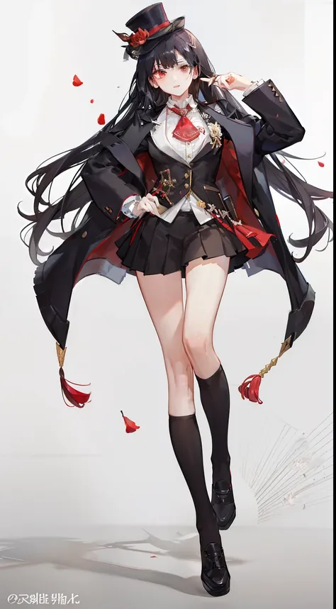 spear、Black hair with red、Vest under blazer、Small top hat and floral ornament on the right、Bone wings on the back、lowfers、knee sox、Hot pants inside the skirt