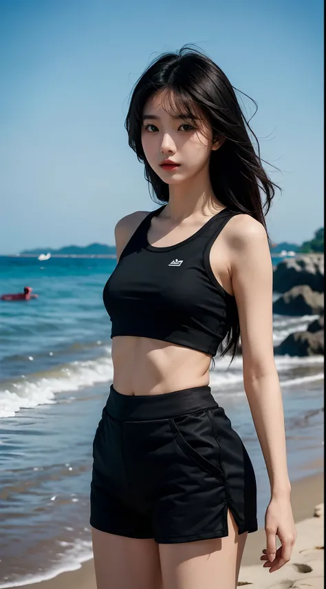 ((Best quality)), 1girl, Korean, small top, tight black shorts, beach