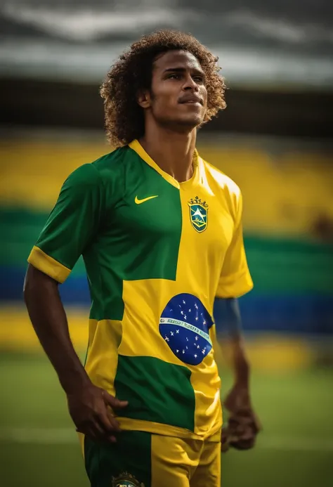 crie um jogador de futebol olhando para frente, sorrindo e de cabelo liso com a camisa do brasil