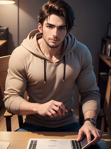 an incredibly handsome and hot young man aged 19 with short dark brown hair and brown eyes, angular jaw, box face, stubble beard, tall and lean, wearing a hoodie, sitting on chair on computer desk, both hand on table. Ambient room background and studio lig...