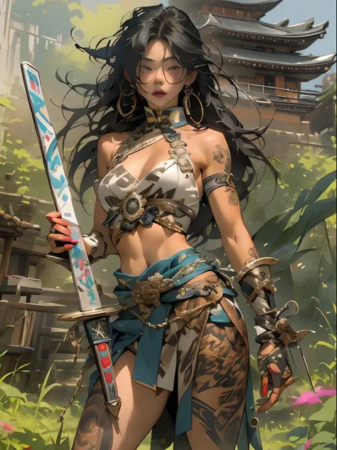 (((woman))), (((best qualityer))), (((tmasterpiece))), (((AS-Adult))), ((( Japanese ))), Look up from your knees, A beautiful asian samurai woman with perfect body, Modern samurai, ((( Asian))), Wear gloves on your hands，The left arm is made of steel and m...