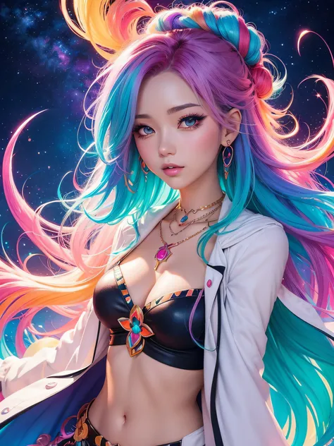 Close-up of a woman with colorful hair and necklace, anime girl with cosmic hair, Rossdraws soft vibrancy, Gouviz-style artwork, fantasy art style, colorful], vibrant fantasy style, Rossdraws cartoon full of energy, cosmic and colorful, Guweiz, colorful di...