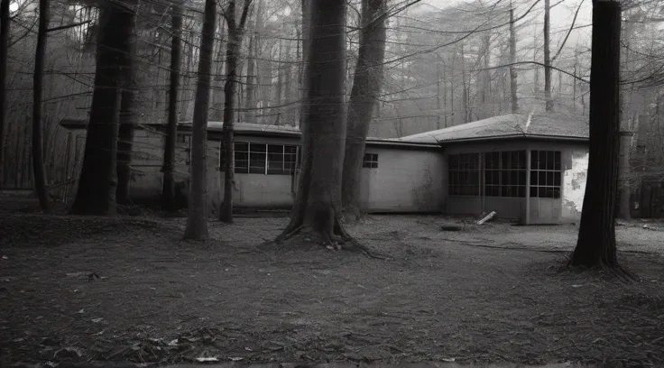 You are outside of an old forgotten school in the woods, BW, noisy