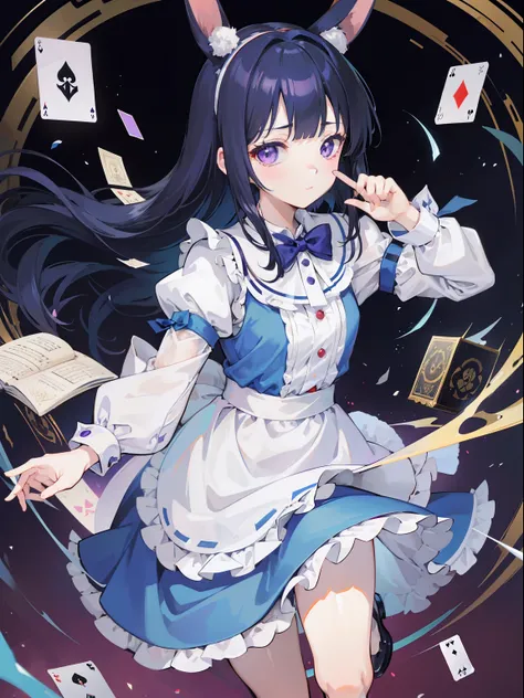 masutepiece, Fine detail, 4K, 8K, 12K, Solo, Solo, Beautiful Girl, caucasian female, medium dark blue hair、bangs、Rabbit ear headband、 Alice in Wonderland, purple eyes, PlayingCards, teacup, alice in the wonderland、児童書