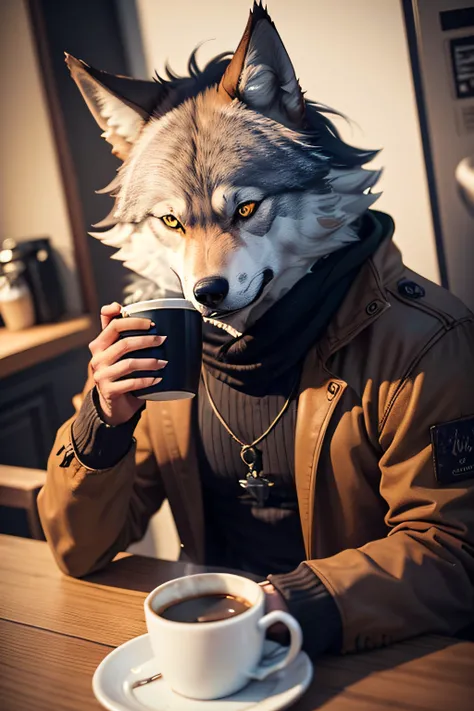 Imagine a wolf with a coffee in his hand