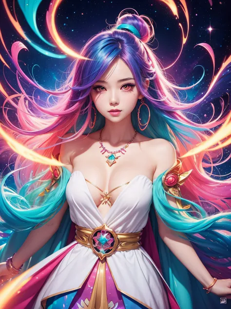 Close-up of a woman with colorful hair and necklace, anime girl with cosmic hair, Rossdraws soft vibrancy, Gouviz-style artwork, fantasy art style, colorful], vibrant fantasy style, Rossdraws cartoon full of energy, cosmic and colorful, Guweiz, colorful di...