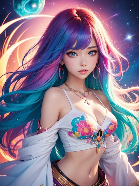 Close-up of a woman with colorful hair and necklace, anime girl with cosmic hair, Rossdraws soft vibrancy, Gouviz-style artwork, fantasy art style, colorful], vibrant fantasy style, Rossdraws cartoon full of energy, cosmic and colorful, Guweiz, colorful di...