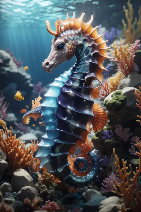 there is a sea horse that is sitting on the rocks, highly detailed water colour 8k, highly detailed water colour 8 k, seahorse, closeup cinematic aquatic scene, sea horse, full view of seahorse, hyperreal highly detailed 8 k, 4k highly detailed digital art...