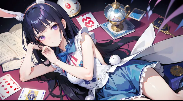 masutepiece, Fine detail, 4K, 8K, 12K, Solo, Solo, Beautiful Girl, caucasian female, medium dark blue hair、bangs、Rabbit ear headband、 Alice in Wonderland, purple eyes, PlayingCards, teacup, alice in the wonderland、児童書