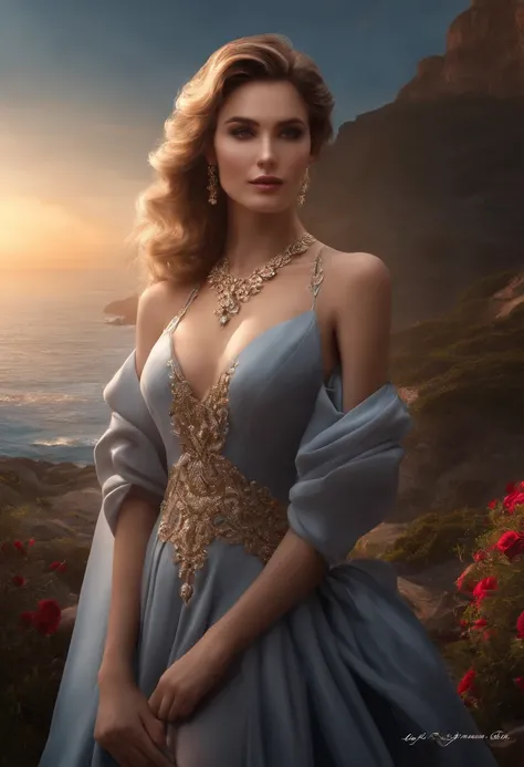 urreal 8k cg, perfect, clean, masterpiece, professional artwork, famous artwork, cinematic lighting, cinematic bloom, perfect face, beautiful face, long evening dress, bare shoulders, big bust, hair style, necklace, jewelry, ruby, pearl, diamond, High body...