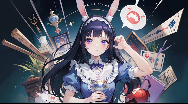 masutepiece, Fine detail, 4K, 8K, 12K, Solo, Solo, Beautiful Girl, caucasian female, medium dark blue hair、bangs、Rabbit ear headband、 Alice in Wonderland, purple eyes, PlayingCards, teacup, alice in the wonderland、児童書