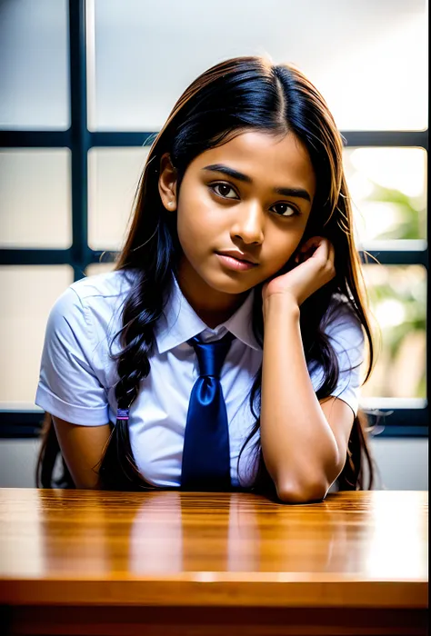 raw photo , 1 girl ,  sleeping ,((  sleep on the table  )),wearing white frock and color tie, white shoes ,sri lanka teen school...